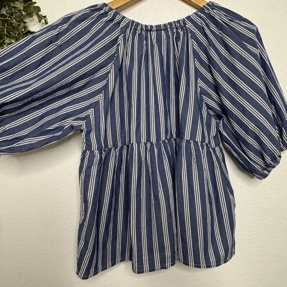 Old Navy Blue White Striped Puff Sleeve Peplum Top Blouse Medium Cotton